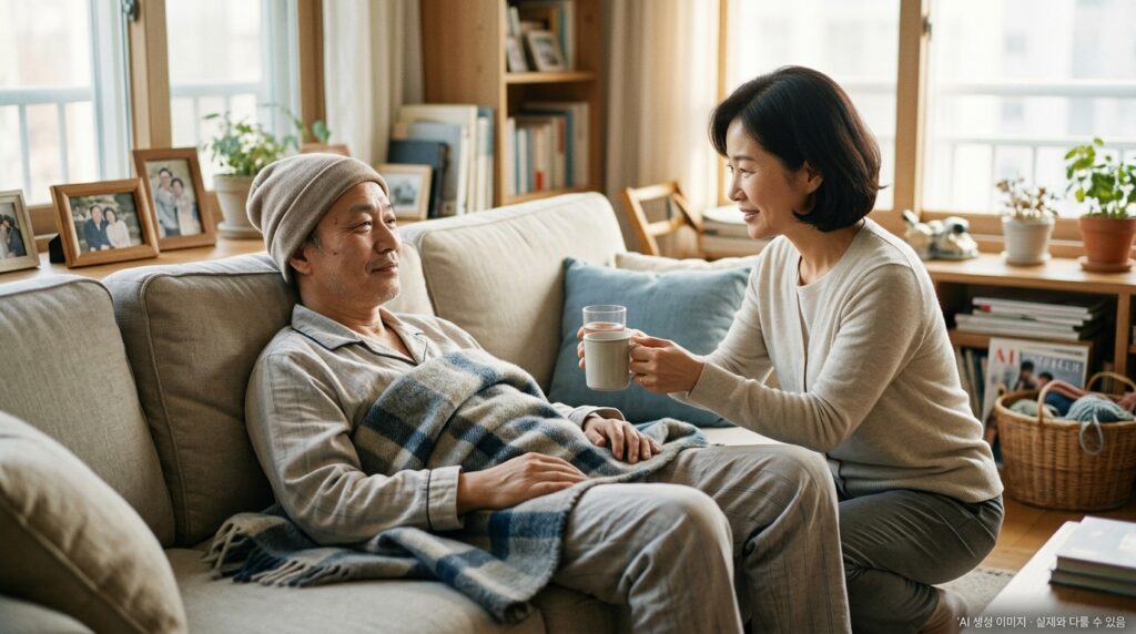 항암 치료 후 극심한 피로감을 느끼며 소파에서 쉬는 폐암 환자
