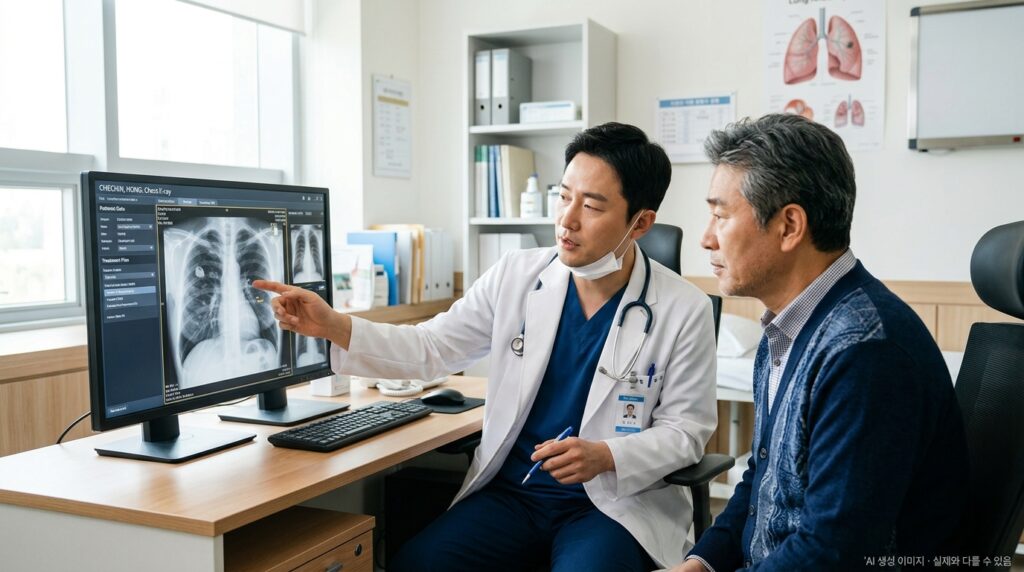 항암치료 중 폐독성 증상을 확인하는 의사와 폐암 환자의 진료 장면