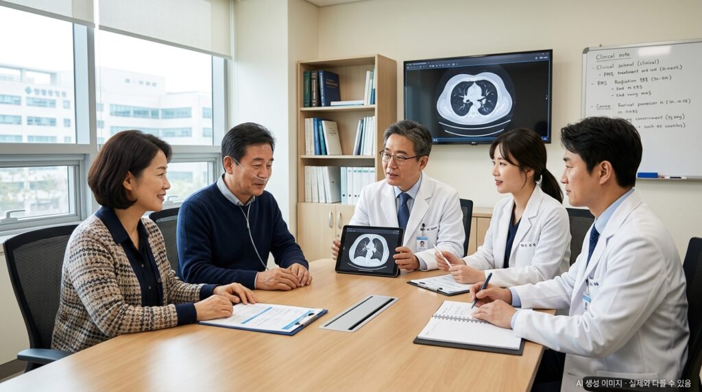 폐암 3기 4기 치료 전략 — 진행성 폐암 환자와 의료진이 함께 치료 계획을 수립하는 장면
