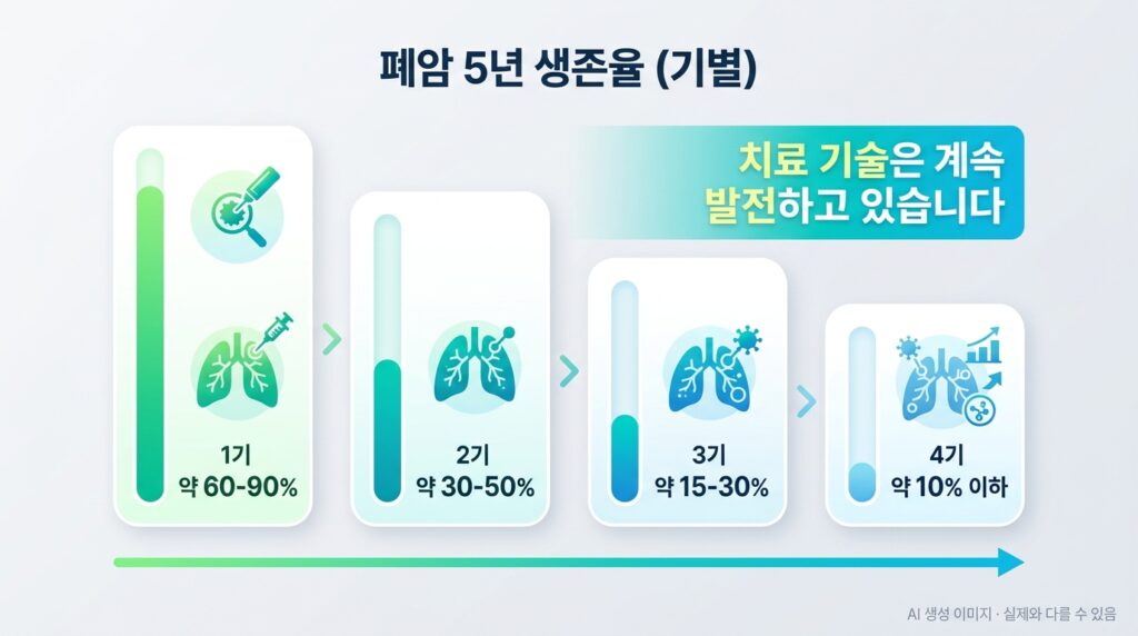 폐암 병기별 5년 생존율 — 1기부터 4기까지 생존율 데이터 비교 인포그래픽