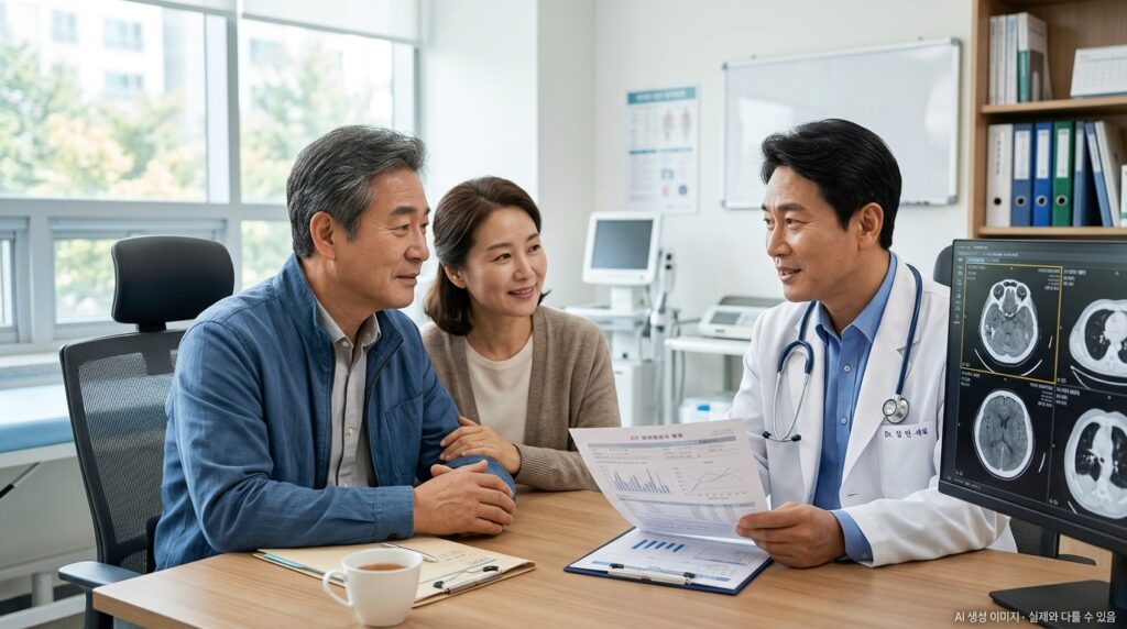 폐암 생존율 이해하는 방법 — 의사와 환자가 함께 치료 계획과 예후를 상담하는 장면