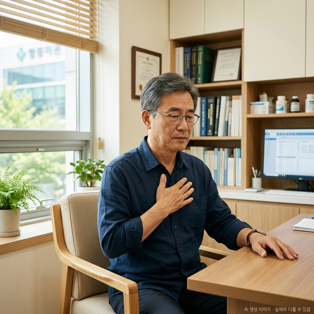 폐암 초기증상 — 2주 이상 지속되는 기침과 호흡 증상을 확인하는 남성, returnhome.kr