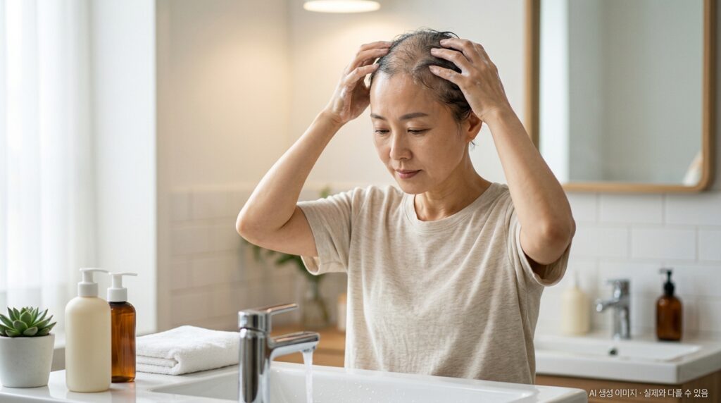 항암 탈모 중 두피 관리 — 부드러운 세정제로 두피를 조심스럽게 세척하는 장면