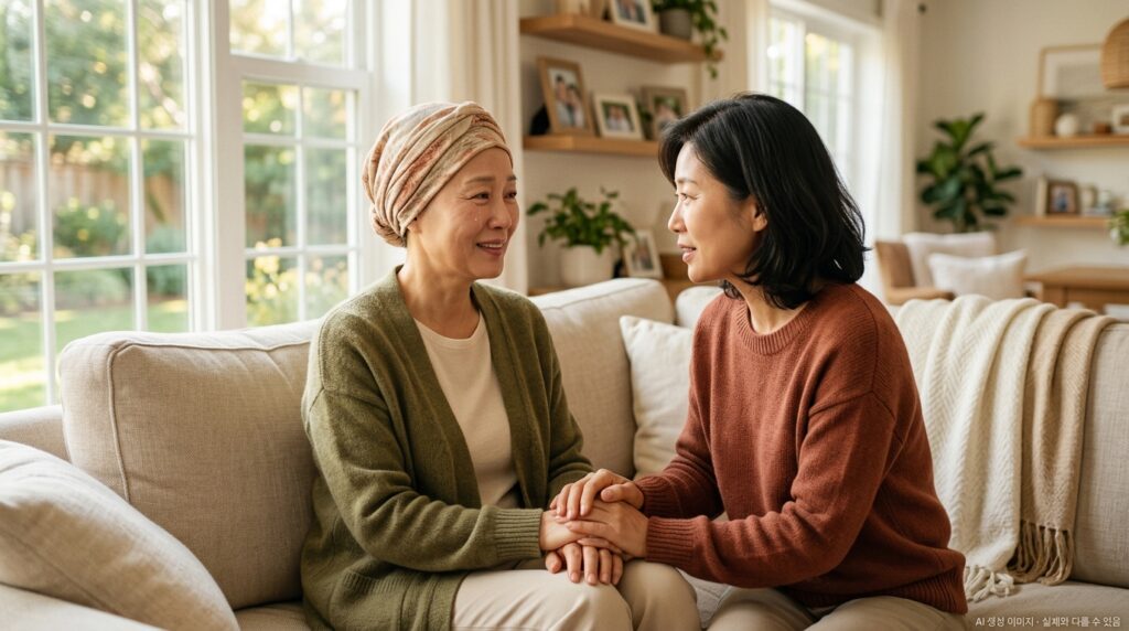 항암 탈모 심리 지지 — 탈모 기간 중 따뜻한 지지를 받는 암 환자의 일상 장면