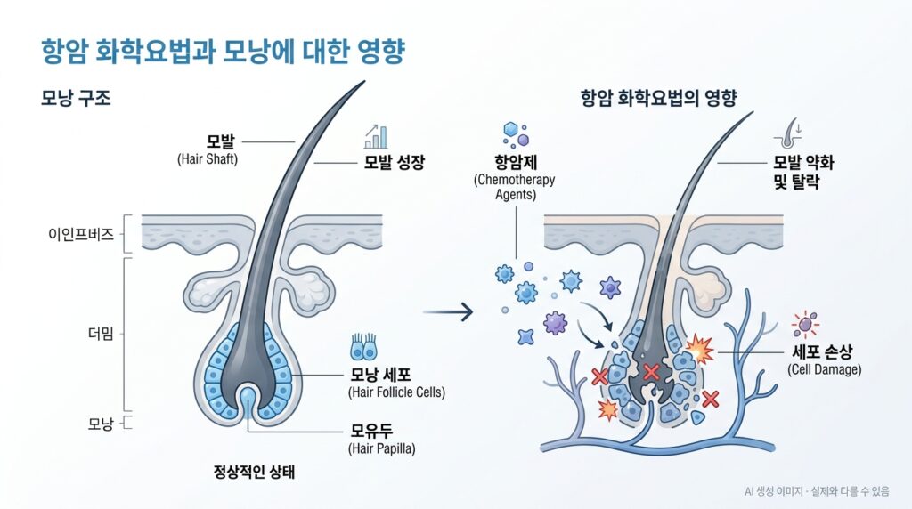 항암 탈모가 생기는 이유 — 항암제가 모낭에 영향을 주는 원리를 나타낸 이미지