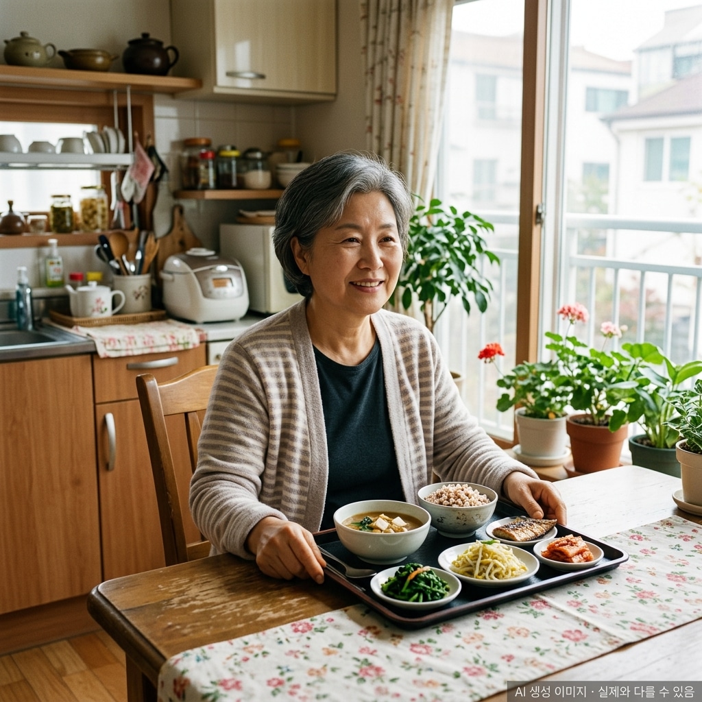 대장암 수술 후 단계적 식이 회복을 실천하는 환자의 식사 장면