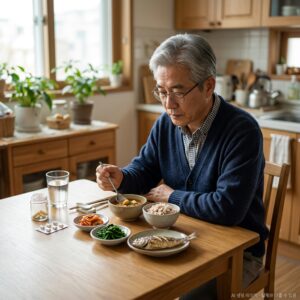식사 시작과 함께 소화효소제를 복용하는 췌장암 수술 후 환자