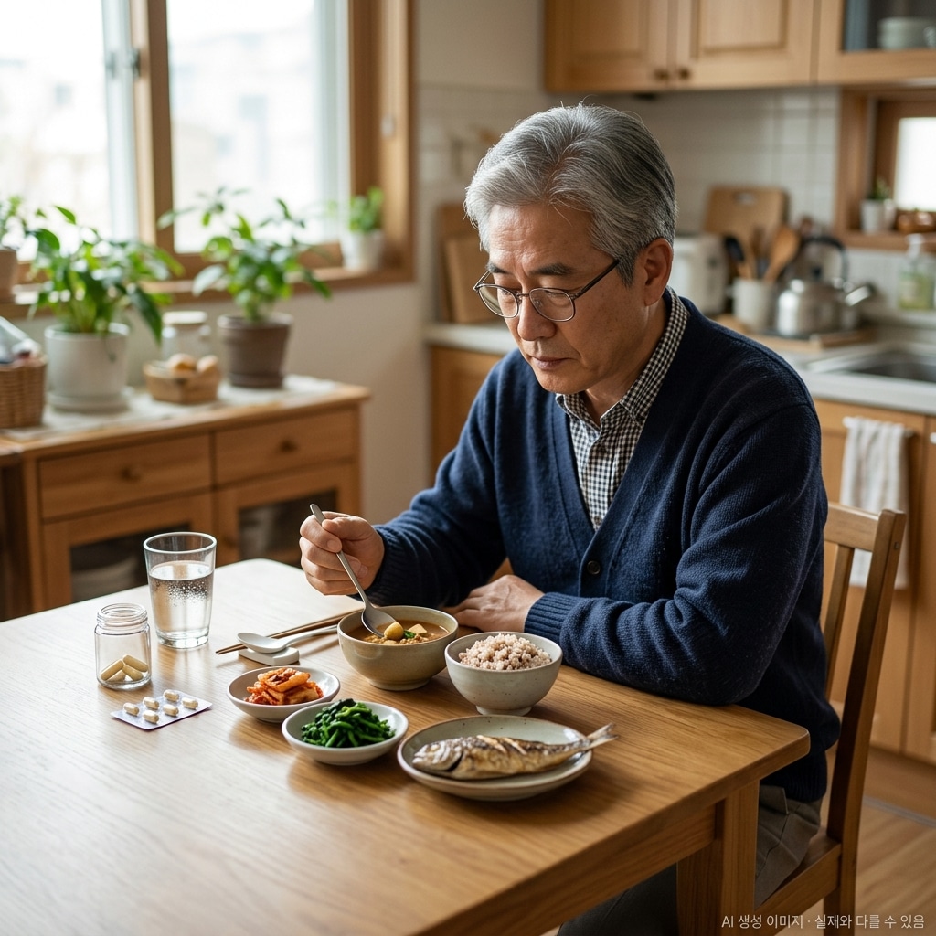 식사 시작과 함께 소화효소제를 복용하는 췌장암 수술 후 환자